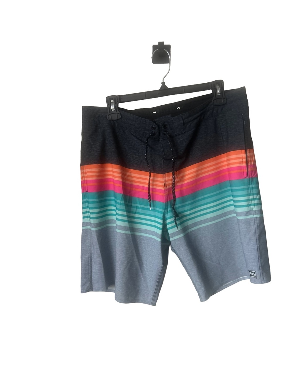 Billabong Men's Black Boardshorts with Teal, Pink & Orange Stripes, Sz 34